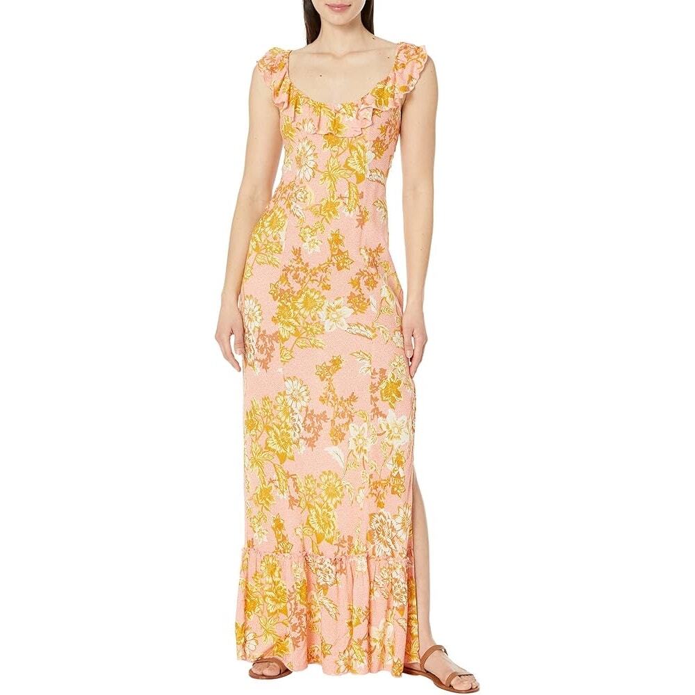 Free People Floral Ruffle Open Back Maxi Dress Pink Yellow Floral Size M